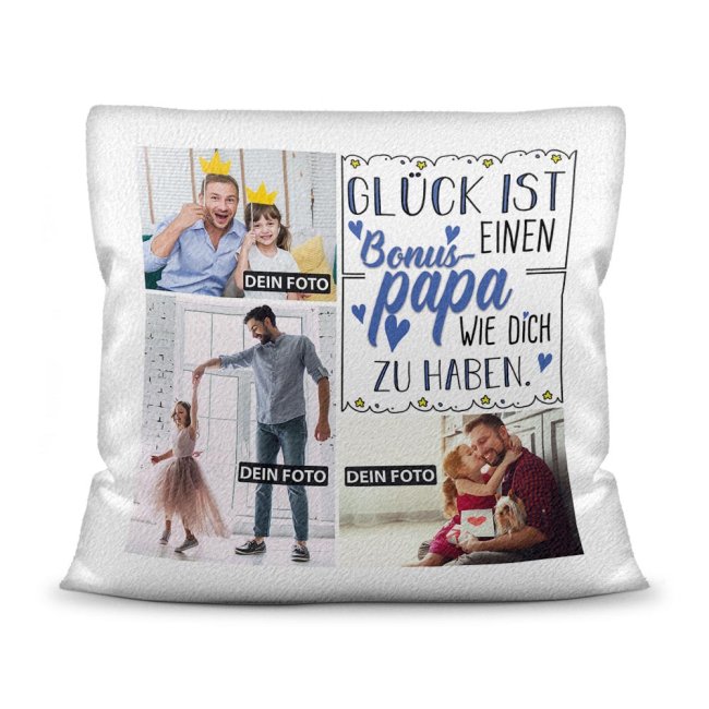 Kissen mit F&uuml;llung - Fotocollage - GL&Uuml;CK - zum selbst Gestalten mit drei Fotos f&uuml;r den Bonuspapa - Wei&szlig; flauschig