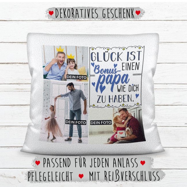 Kissen mit F&uuml;llung - Fotocollage - GL&Uuml;CK - zum selbst Gestalten mit drei Fotos f&uuml;r den Bonuspapa - Wei&szlig; flauschig