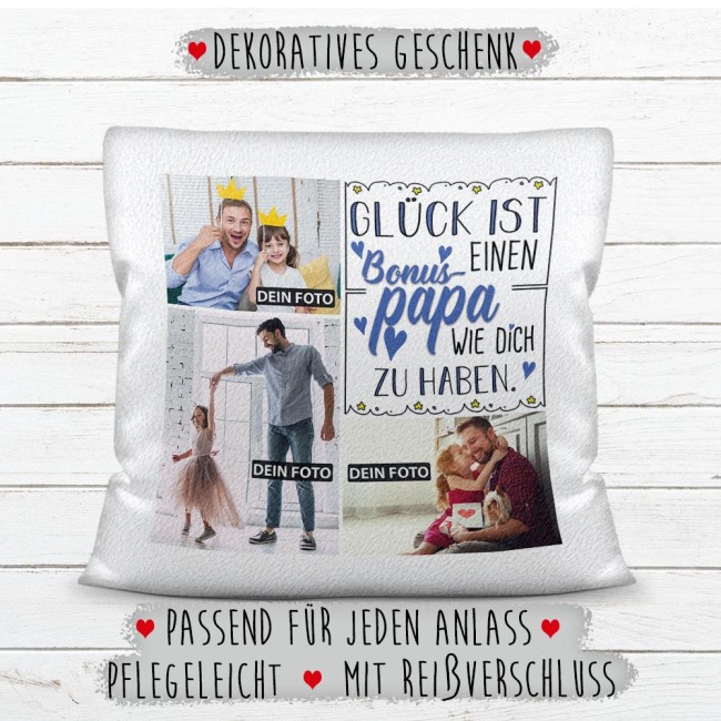 Kissen mit F&uuml;llung - Fotocollage - GL&Uuml;CK - zum selbst Gestalten mit drei Fotos f&uuml;r den Bonuspapa - Wei&szlig; glatt