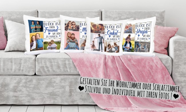 Kissen mit F&uuml;llung - Fotocollage - GL&Uuml;CK - zum selbst Gestalten mit drei Fotos f&uuml;r den Bonuspapa - Wei&szlig; glatt