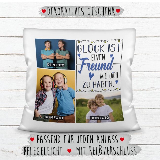 Kissen mit F&uuml;llung - Fotocollage - GL&Uuml;CK - zum selbst Gestalten mit drei Fotos f&uuml;r den Freund - Wei&szlig; glatt