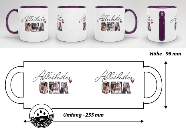 Tasse mit Fotocollage f&uuml;r die allerbeste Oma - Innen &amp; Henkel Violett