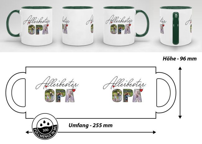 Tasse mit Fotocollage f&uuml;r den allerbesten Opa - Innen &amp; Henkel Dunkelgr&uuml;n
