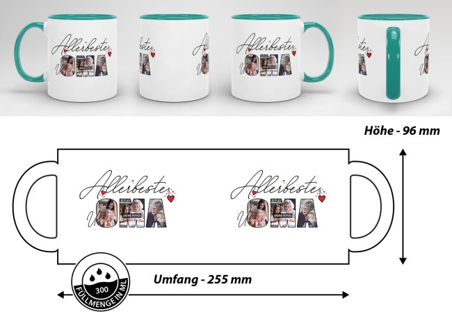 Tasse mit Fotocollage f&uuml;r die allerbeste Uroma - Innen &amp; Henkel T&uuml;rkis