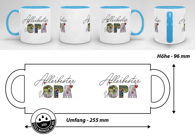 Tasse mit Fotocollage f&uuml;r den allerbesten Uropa - Innen &amp; Henkel Hellblau