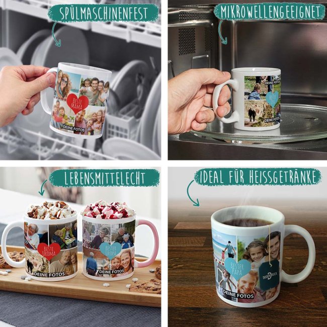 Tasse mit Fotocollage - Beste Oma - Innen &amp; Henkel T&uuml;rkis