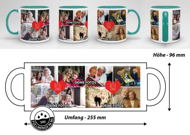 Tasse mit Fotocollage - Beste Oma - Innen &amp; Henkel T&uuml;rkis