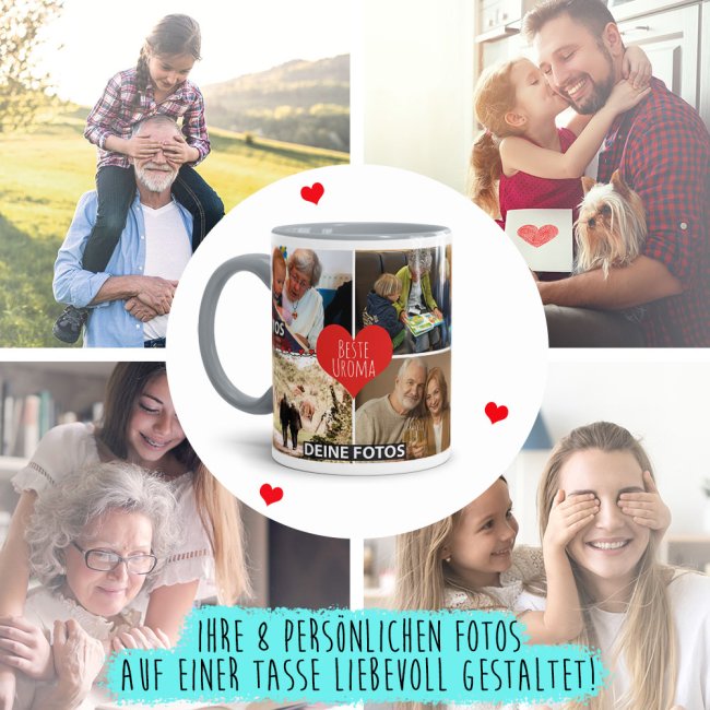 Tasse mit Fotocollage - Beste Uroma - Innen &amp; Henkel Grau