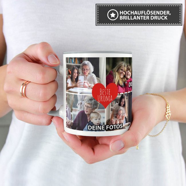 Tasse mit Fotocollage - Beste Uroma - Innen &amp; Henkel Grau