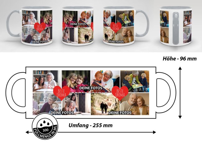 Tasse mit Fotocollage - Beste Uroma - Innen &amp; Henkel Grau