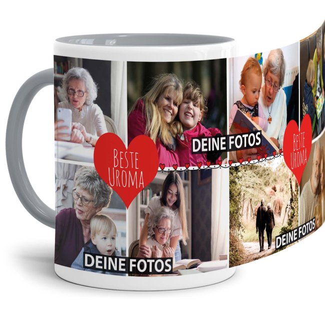 Tasse mit Fotocollage - Beste Uroma - Innen &amp; Henkel Grau