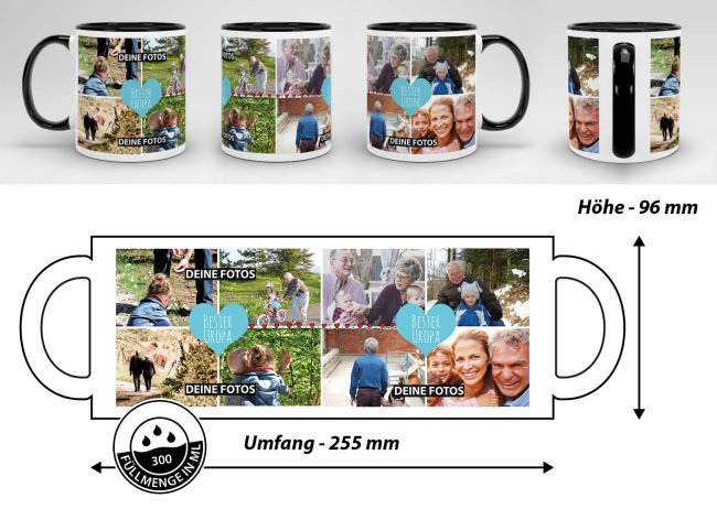 Tasse mit Fotocollage - Bester Uropa - Innen &amp; Henkel Schwarz