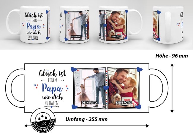 Tasse - Gl&uuml;ck ist, einen Papa wie Dich zu haben - mit zwei Fotos - Wei&szlig;