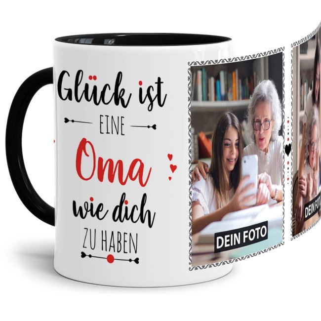 Tasse - Gl&uuml;ck ist, eine Oma wie Dich zu haben - mit zwei Fotos - Innen &amp; Henkel Schwarz