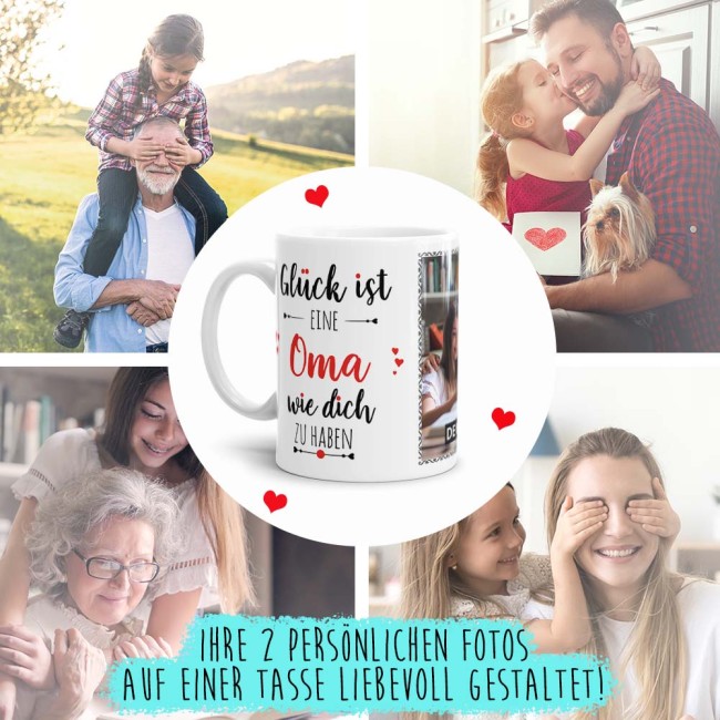 Tasse - Gl&uuml;ck ist, eine Oma wie Dich zu haben - mit zwei Fotos - Innen &amp; Henkel Schwarz