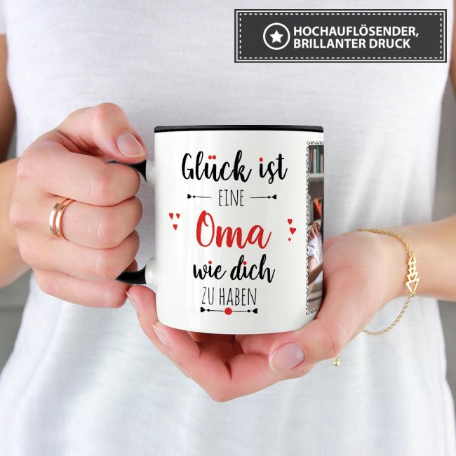 Tasse - Gl&uuml;ck ist, eine Oma wie Dich zu haben - mit zwei Fotos - Innen &amp; Henkel Schwarz