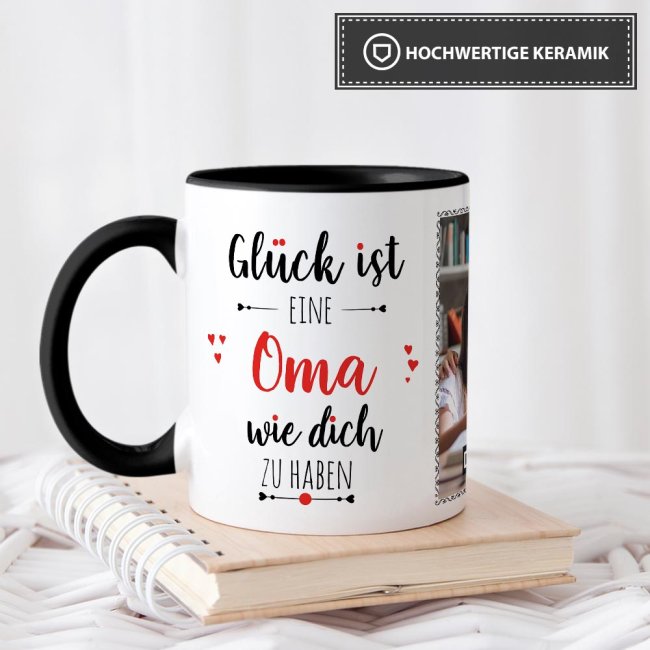 Tasse - Gl&uuml;ck ist, eine Oma wie Dich zu haben - mit zwei Fotos - Innen &amp; Henkel Schwarz