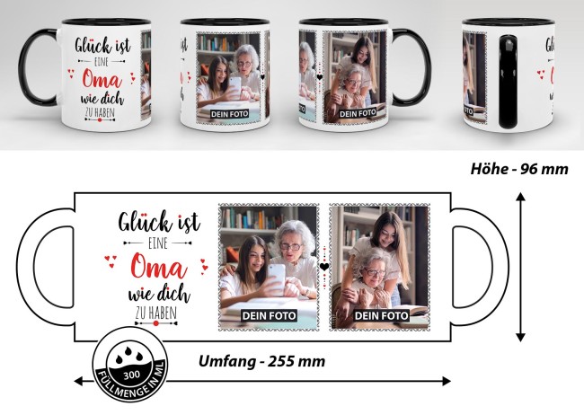 Tasse - Gl&uuml;ck ist, eine Oma wie Dich zu haben - mit zwei Fotos - Innen &amp; Henkel Schwarz
