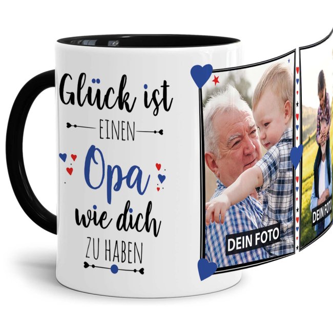 Tasse - Gl&uuml;ck ist, einen Opa wie Dich zu haben - mit zwei Fotos - Innen &amp; Henkel Schwarz
