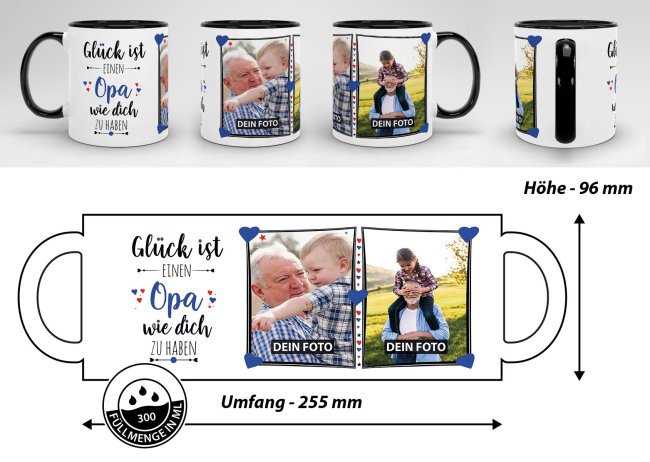 Tasse - Gl&uuml;ck ist, einen Opa wie Dich zu haben - mit zwei Fotos - Innen &amp; Henkel Schwarz