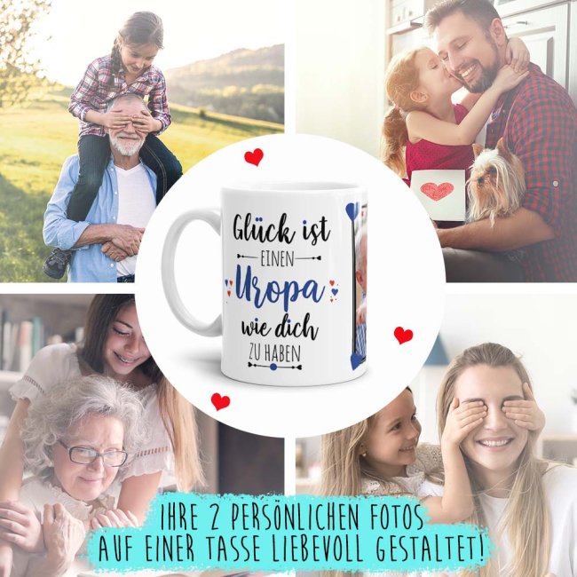 Tasse - Gl&uuml;ck ist, einen Uropa wie Dich zu haben - mit zwei Fotos - Innen &amp; Henkel Schwarz