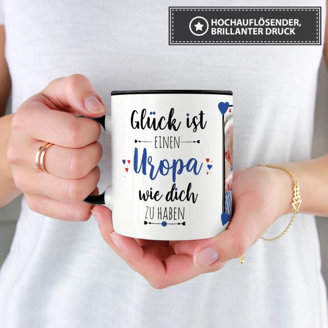 Tasse - Gl&uuml;ck ist, einen Uropa wie Dich zu haben - mit zwei Fotos - Innen &amp; Henkel Schwarz