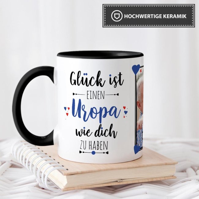 Tasse - Gl&uuml;ck ist, einen Uropa wie Dich zu haben - mit zwei Fotos - Innen &amp; Henkel Schwarz