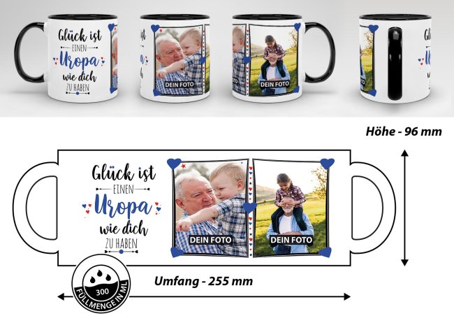 Tasse - Gl&uuml;ck ist, einen Uropa wie Dich zu haben - mit zwei Fotos - Innen &amp; Henkel Schwarz