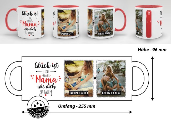 Tasse - Gl&uuml;ck ist, eine Bonusmama wie Dich zu haben - mit zwei Fotos - Innen &amp; Henkel Rot