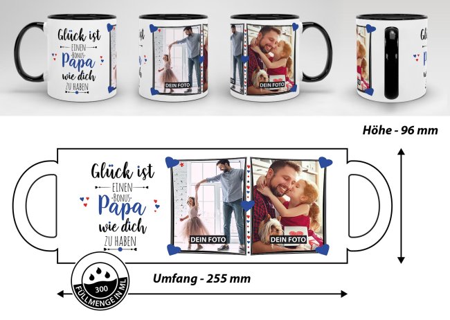 Tasse - Gl&uuml;ck ist, einen Bonuspapa wie Dich zu haben - mit zwei Fotos - Innen &amp; Henkel Schwarz