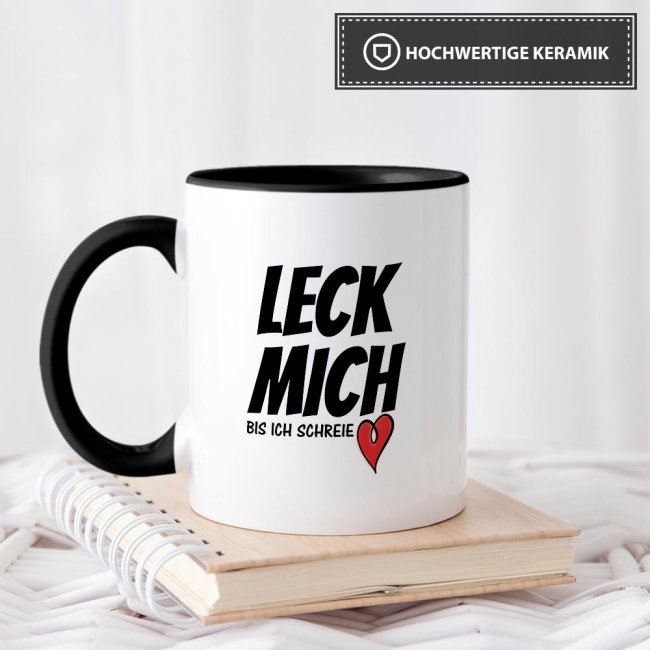 Tasse mit Spruch - Leck mich - Innen &amp; Henkel Schwarz