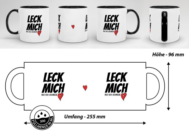 Tasse mit Spruch - Leck mich - Innen &amp; Henkel Schwarz