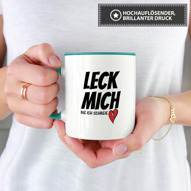 Tasse mit Spruch - Leck mich - Innen &amp; Henkel T&uuml;rkis