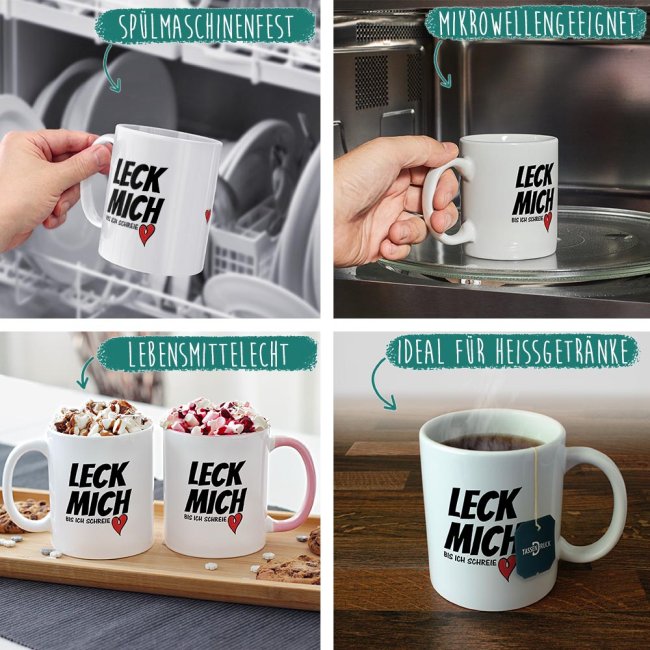 Tasse mit Spruch - Leck mich - Innen &amp; Henkel T&uuml;rkis