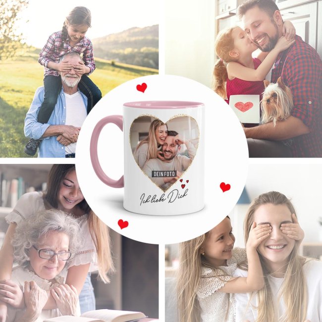 Tasse mit Fotocollage Herz - f&uuml;r 2 Fotos - Innen &amp; Henkel Rosa
