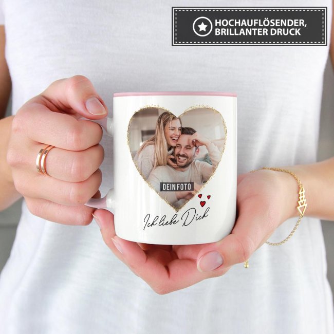 Tasse mit Fotocollage Herz - f&uuml;r 2 Fotos - Innen &amp; Henkel Rosa