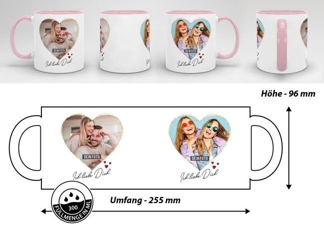 Tasse mit Fotocollage Herz - f&uuml;r 2 Fotos - Innen &amp; Henkel Rosa