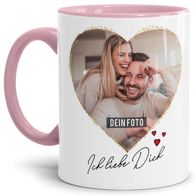 Tasse mit Fotocollage Herz - f&uuml;r 2 Fotos - Innen &amp; Henkel Rosa