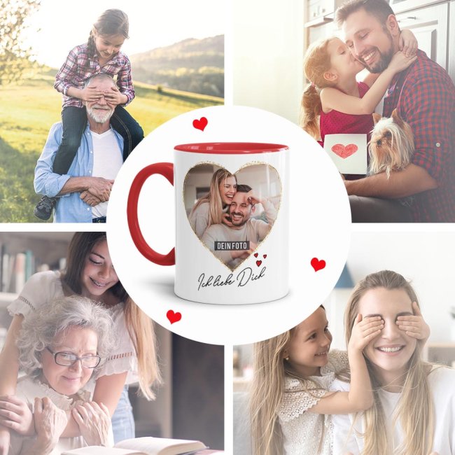 Tasse mit Fotocollage Herz - f&uuml;r 2 Fotos - Innen &amp; Henkel Rot