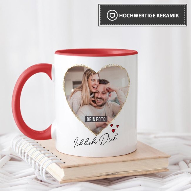Tasse mit Fotocollage Herz - f&uuml;r 2 Fotos - Innen &amp; Henkel Rot