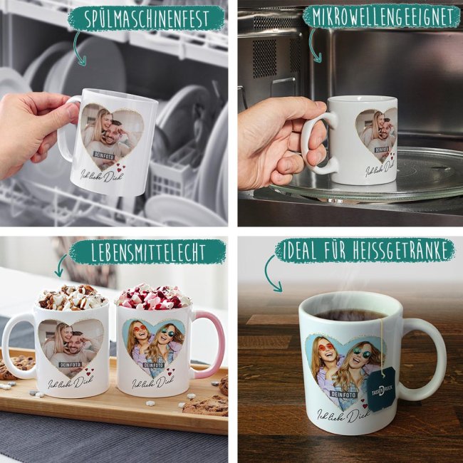 Tasse mit Fotocollage Herz - f&uuml;r 2 Fotos - Innen &amp; Henkel Rot