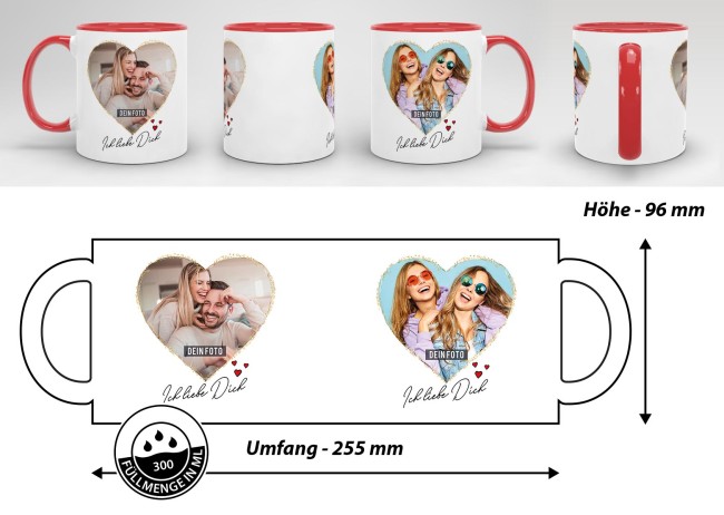 Tasse mit Fotocollage Herz - f&uuml;r 2 Fotos - Innen &amp; Henkel Rot