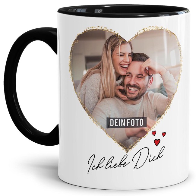 Tasse mit Fotocollage Herz - f&uuml;r 2 Fotos - Innen &amp; Henkel Schwarz