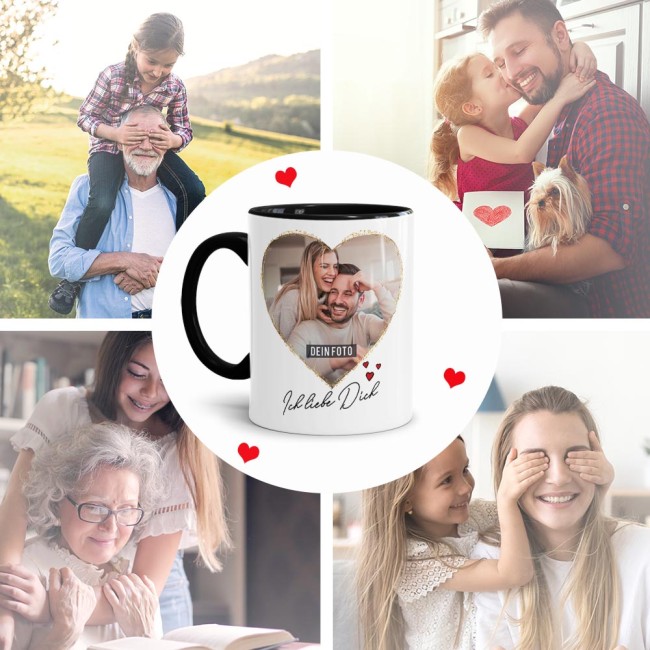 Tasse mit Fotocollage Herz - f&uuml;r 2 Fotos - Innen &amp; Henkel Schwarz