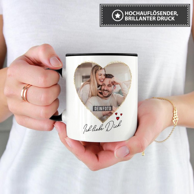 Tasse mit Fotocollage Herz - f&uuml;r 2 Fotos - Innen &amp; Henkel Schwarz