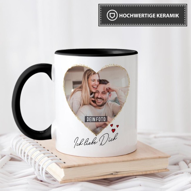 Tasse mit Fotocollage Herz - f&uuml;r 2 Fotos - Innen &amp; Henkel Schwarz
