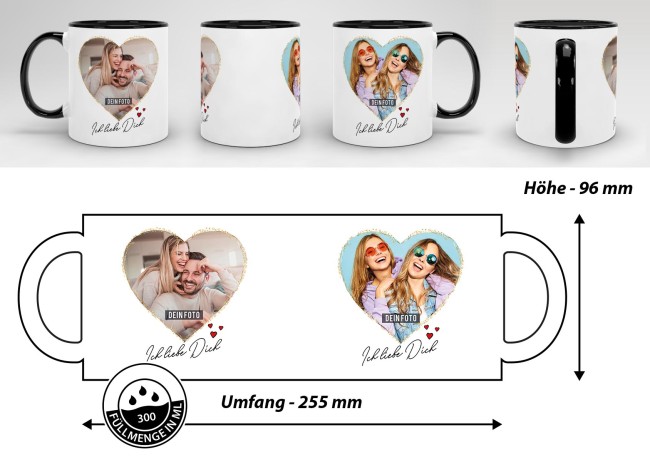 Tasse mit Fotocollage Herz - f&uuml;r 2 Fotos - Innen &amp; Henkel Schwarz