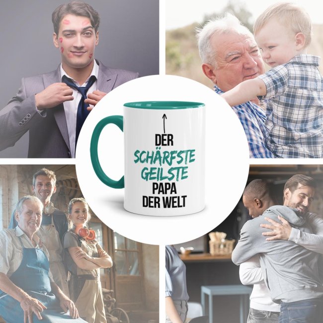 Tasse mit Spruch - Du bist der sch&auml;rfste, geilste Papa der Welt - Innen &amp; Henkel T&uuml;rkis