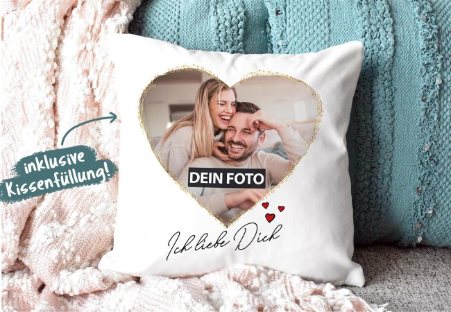 Kissen mit Foto im Herz - Ich liebe Dich - inkl. F&uuml;llung - R&uuml;ckseite Rosa