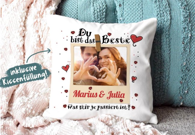 Kissen - Du bist das Beste - mit Foto und Wunschnamen - inkl. F&uuml;llung - Wei&szlig;